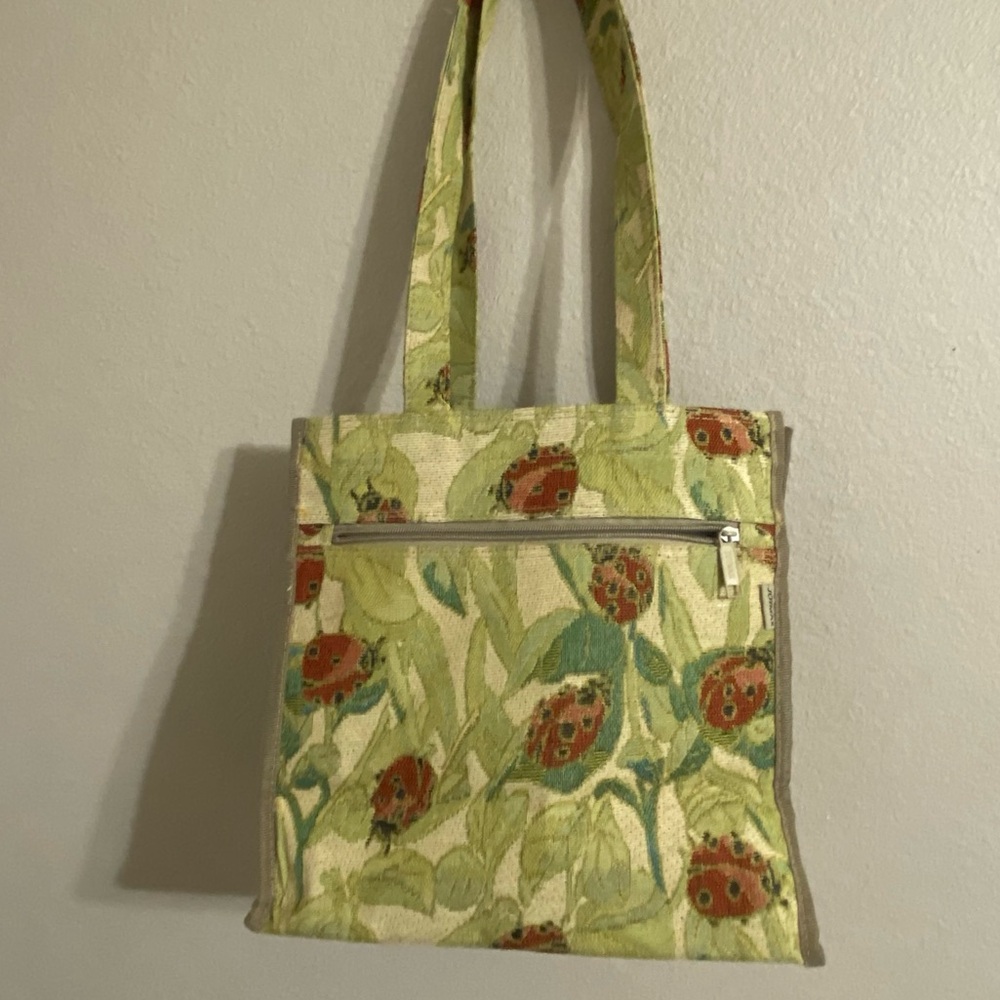 Joymax Ladybug Tapestry Tote Bag Woven Floral Zip Top Shopper Purse Botanical